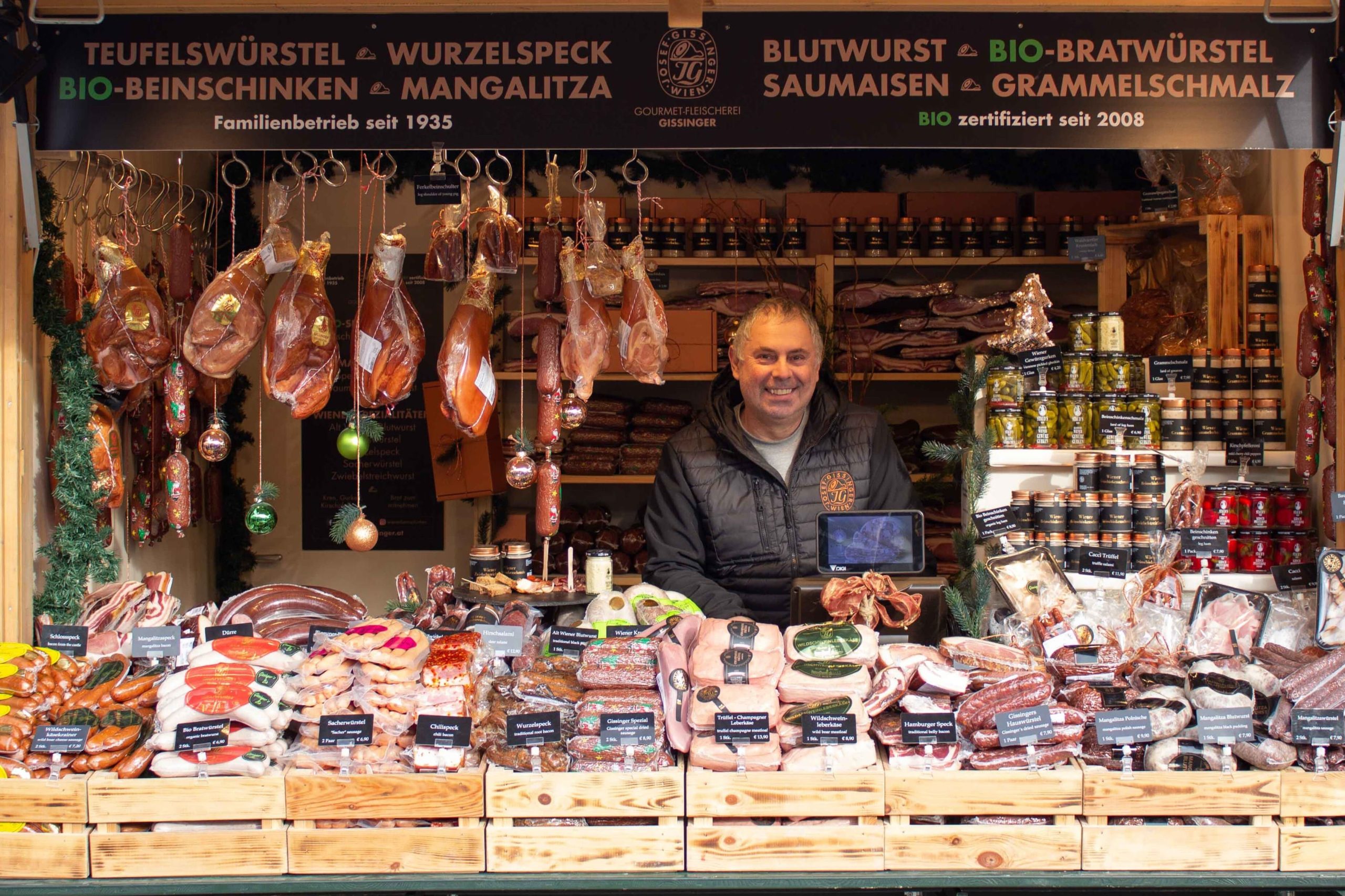 Gissinger Schinkenspezialitäten am Weihnachtsmarkt Schönbrunn